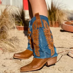 Women's Western Boots with Denim Gaiter and Suede Leather