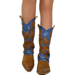 Women's Western Boots with Denim Gaiter and Suede Leather