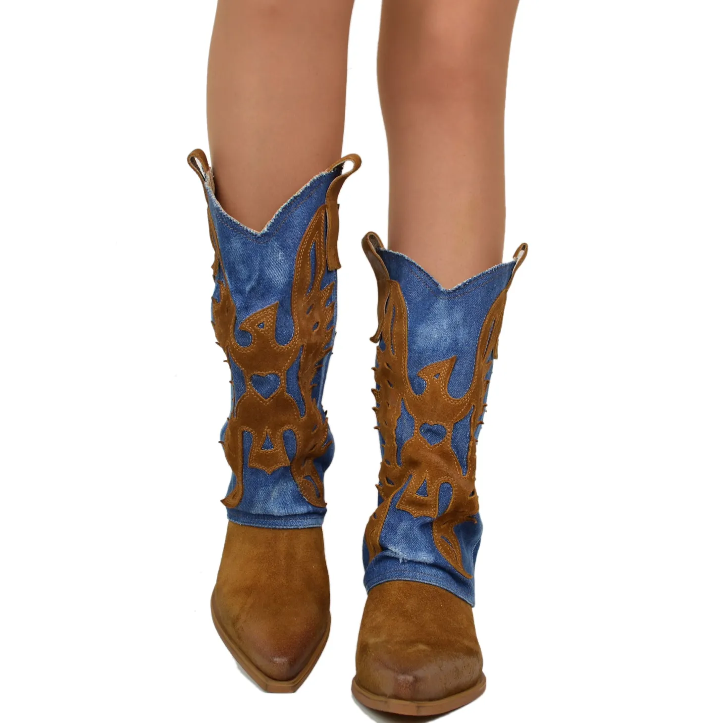 Women's Western Boots with Denim Gaiter and Suede Leather