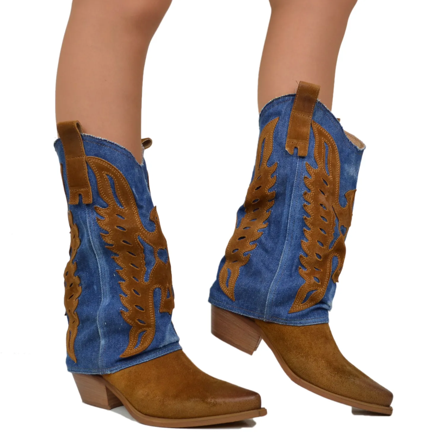 Women's Western Boots with Denim Gaiter and Suede Leather