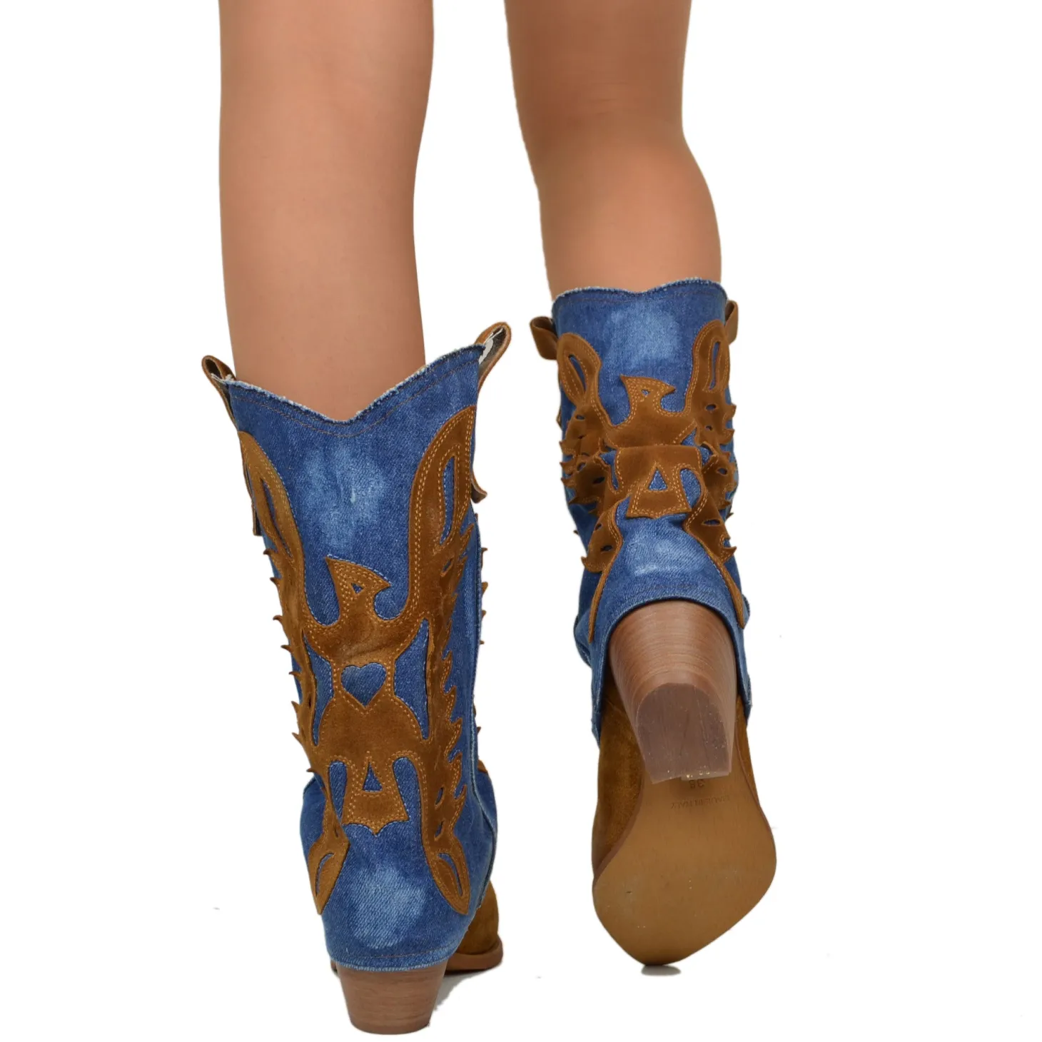 Women's Western Boots with Denim Gaiter and Suede Leather