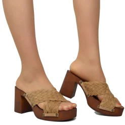 Zoccoli Donna Camel Ciabattone in Pelle Intrecciata Incrociati