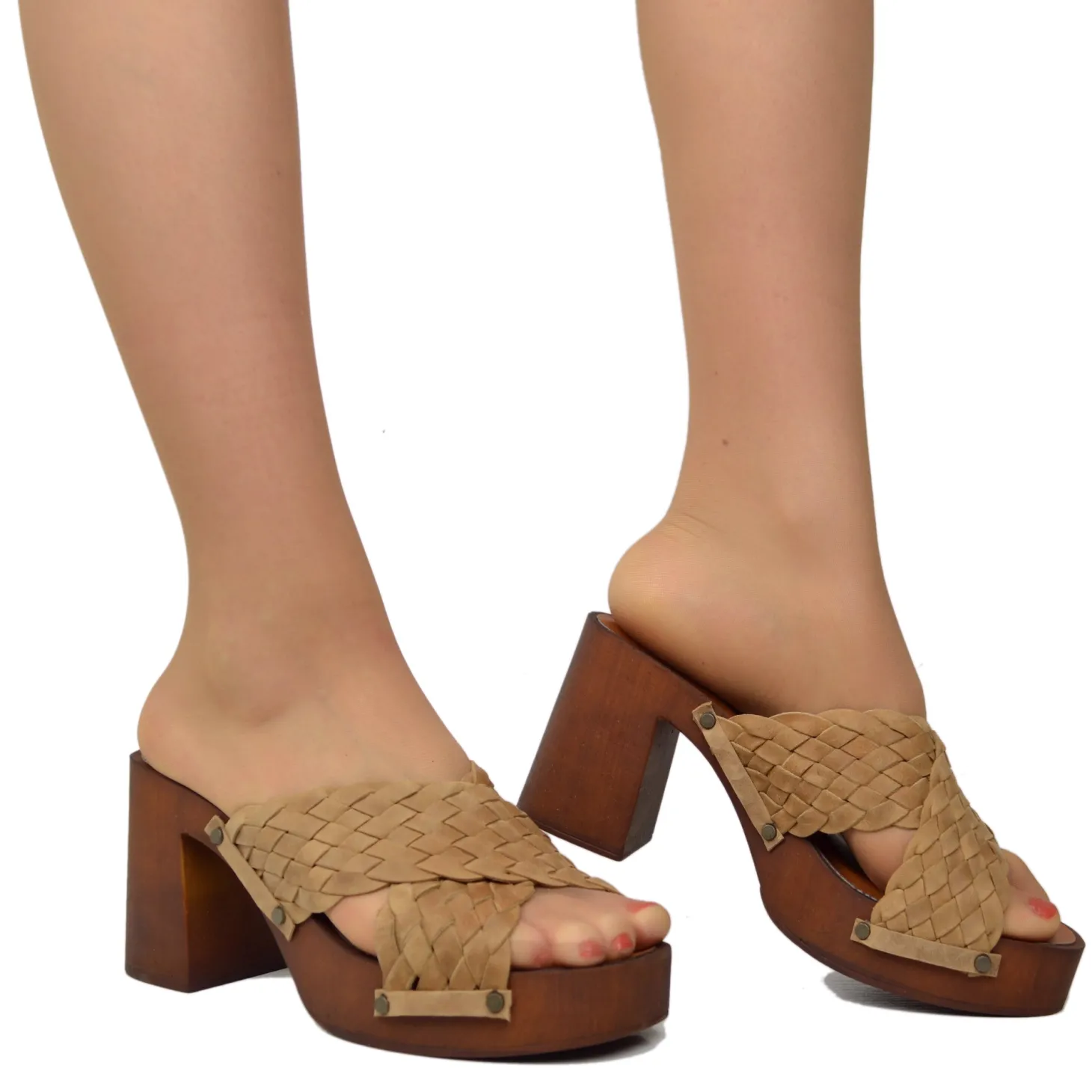 Zoccoli Donna Camel Ciabattone in Pelle Intrecciata Incrociati