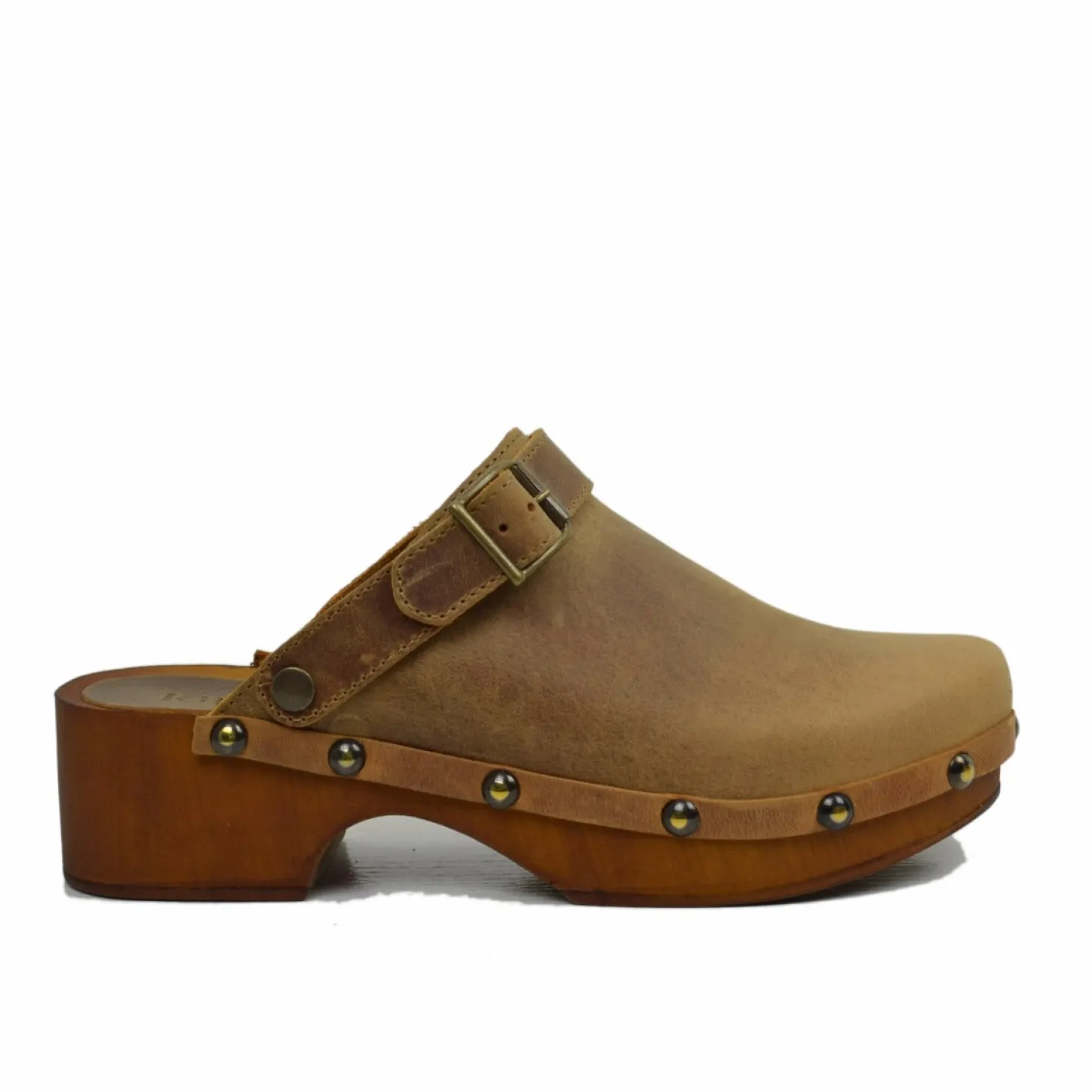 Zoccolo Donna in Pelle Ingrassata Vintage Camel Made in Italy