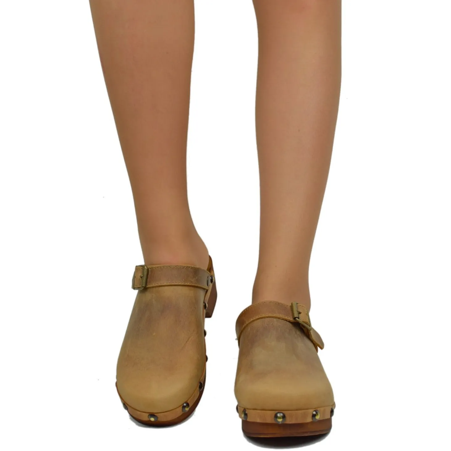 Zoccolo Donna in Pelle Ingrassata Vintage Camel Made in Italy